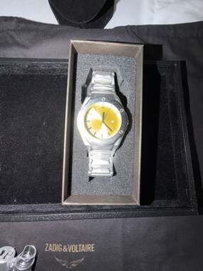 AJ Quartz Stainless Steel Yellow Face Watch
